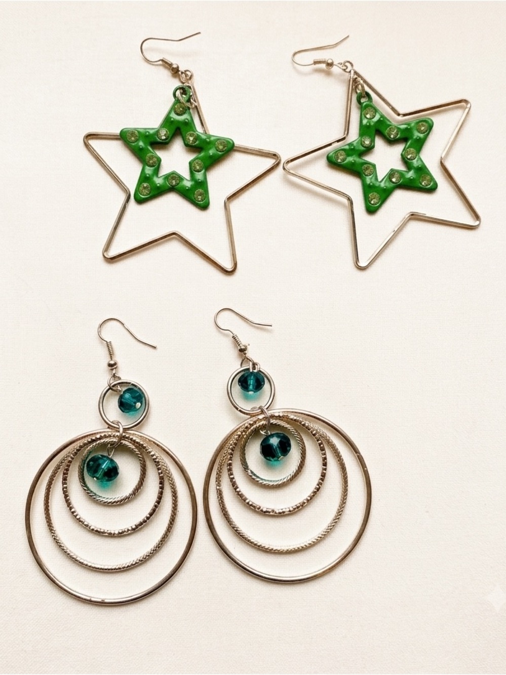 Green Star & Green Stone Hoop Dangle Earrings - Silver Tone Bundle Set
